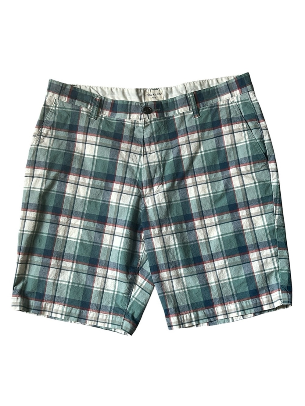 Dockers green & blue plaid flat-front shorts with a red & white check pattern 36